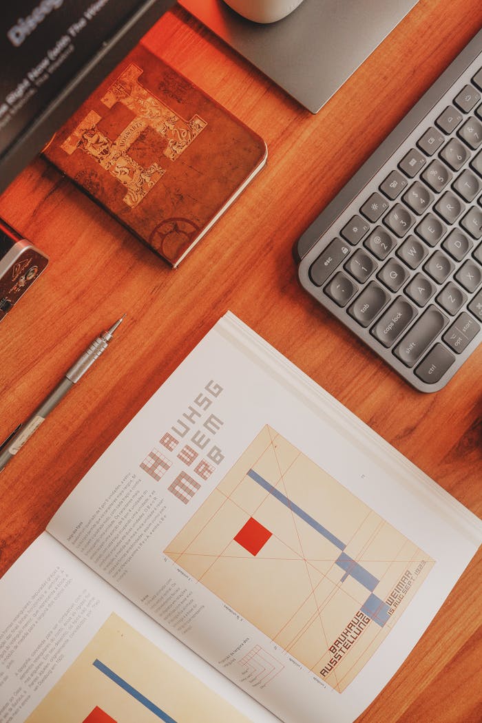 A minimalist workspace featuring a keyboard, open book, and journal on a wooden desk.
